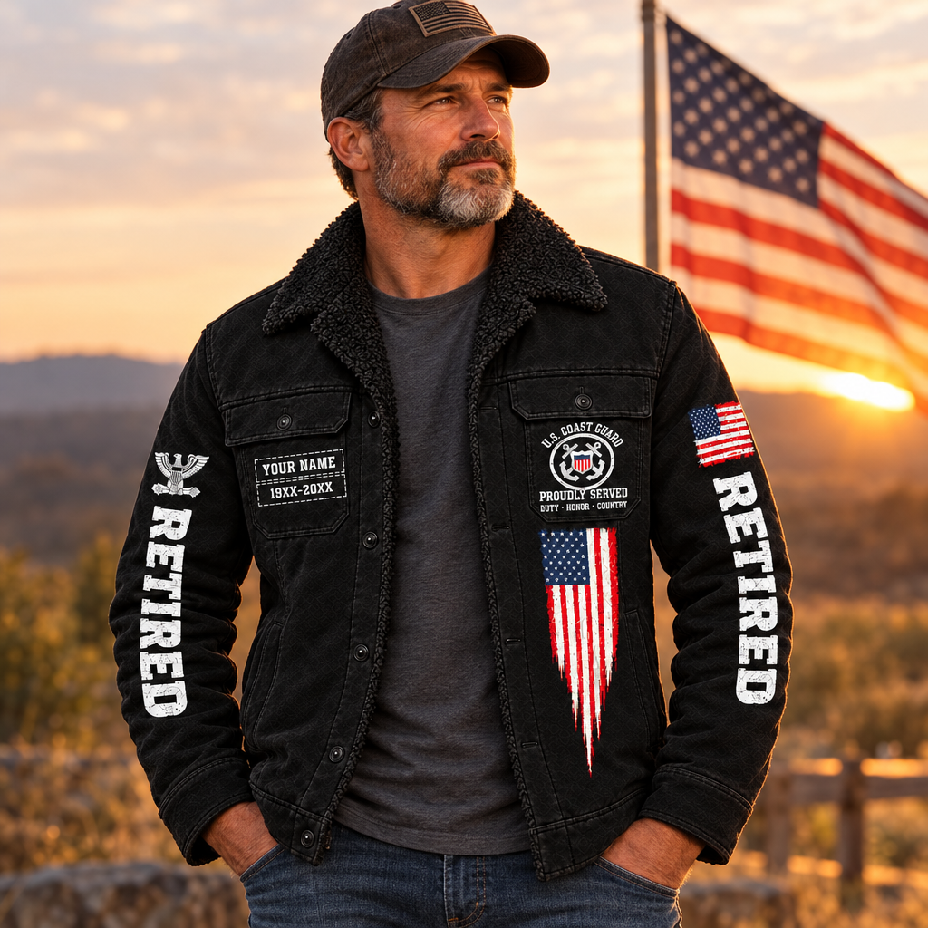 Personalized Veteran Jacket, Custom Military Branch, Rank & Name Sherpa Lined Jacket