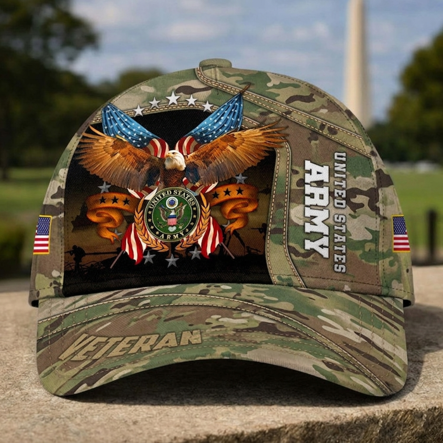 US Army Veteran Camo Baseball Cap, Eagle & Army Heritage Hat
