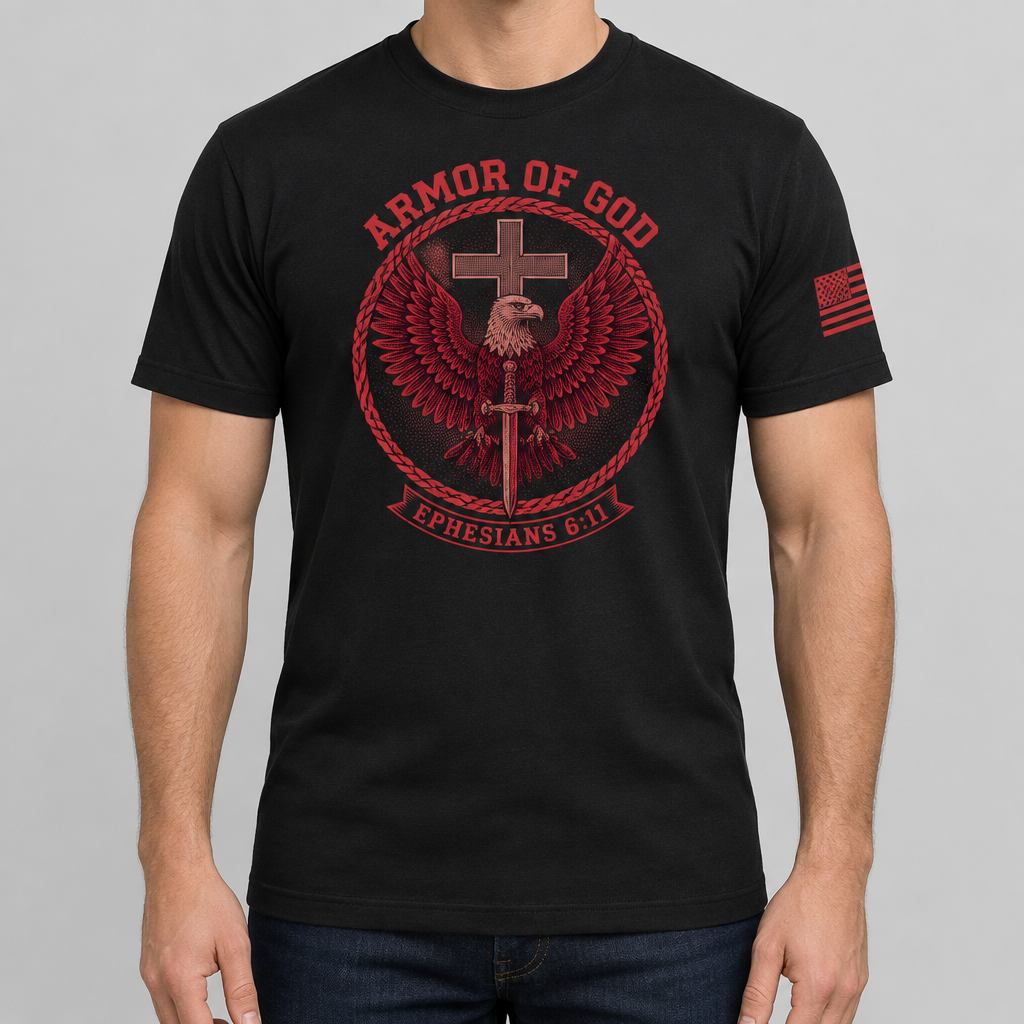 Armor Of God eagle crest Christian t-shirt, black, front print