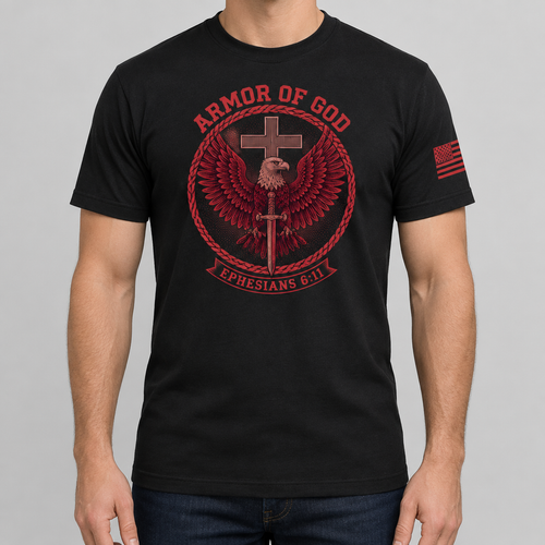 Armor Of God eagle crest Christian t-shirt, black, front print