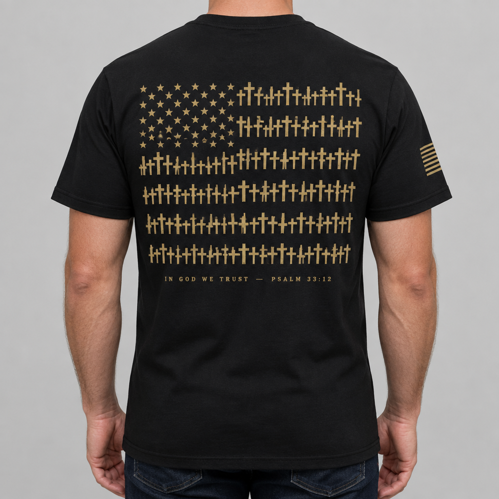 In God We Trust cross flag back print t-shirt, black