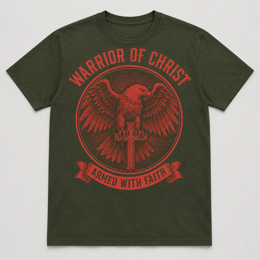 Warrior Of Christ patriotic Christian t-shirt, olive, front print