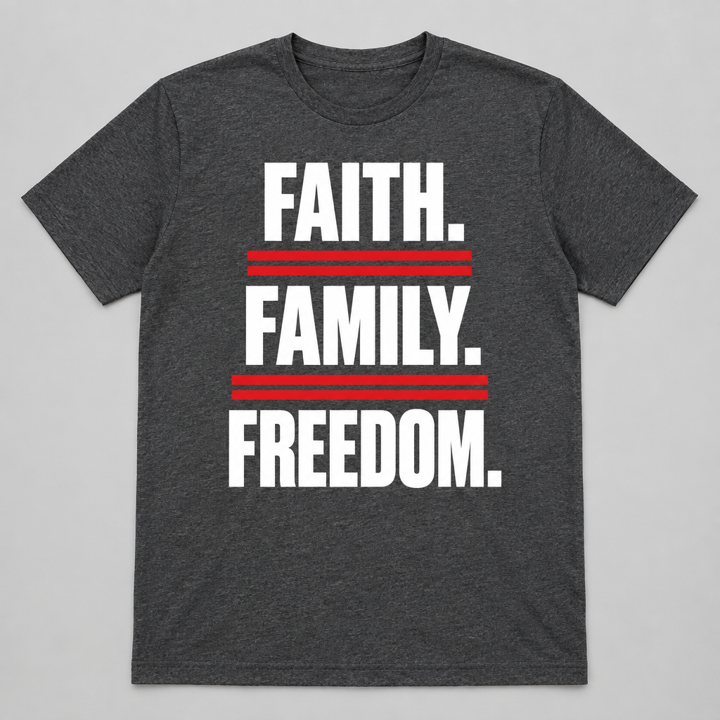 Faith. Family. Freedom. patriotic Christian t-shirt, dark heather gray, front print