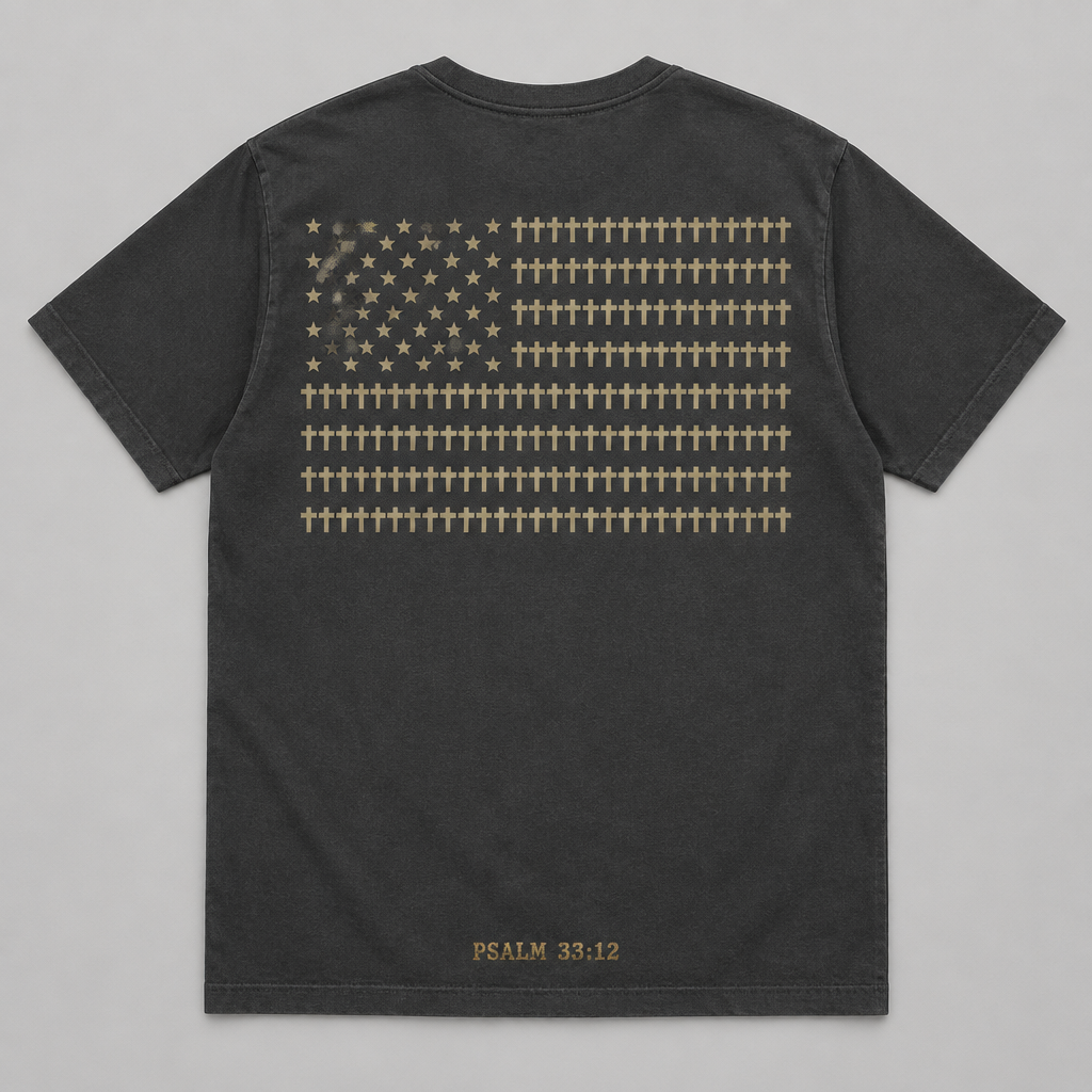Cross Before Country patriotic Christian t-shirt, charcoal, back print