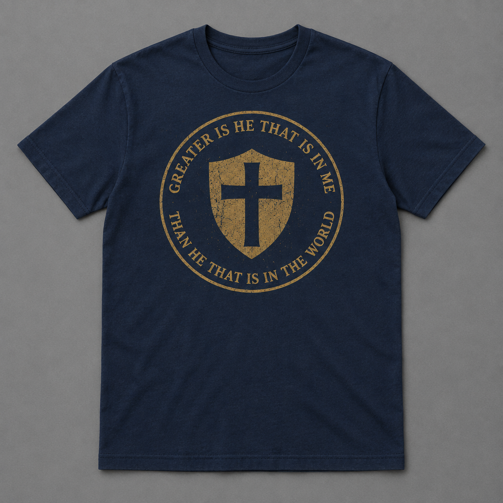 Greater Is He patriotic Christian t-shirt, navy, front print