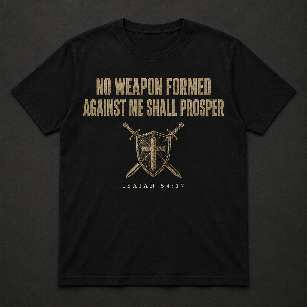 No Weapon Formed Against Me Shall Prosper patriotic Christian t-shirt, black, front print