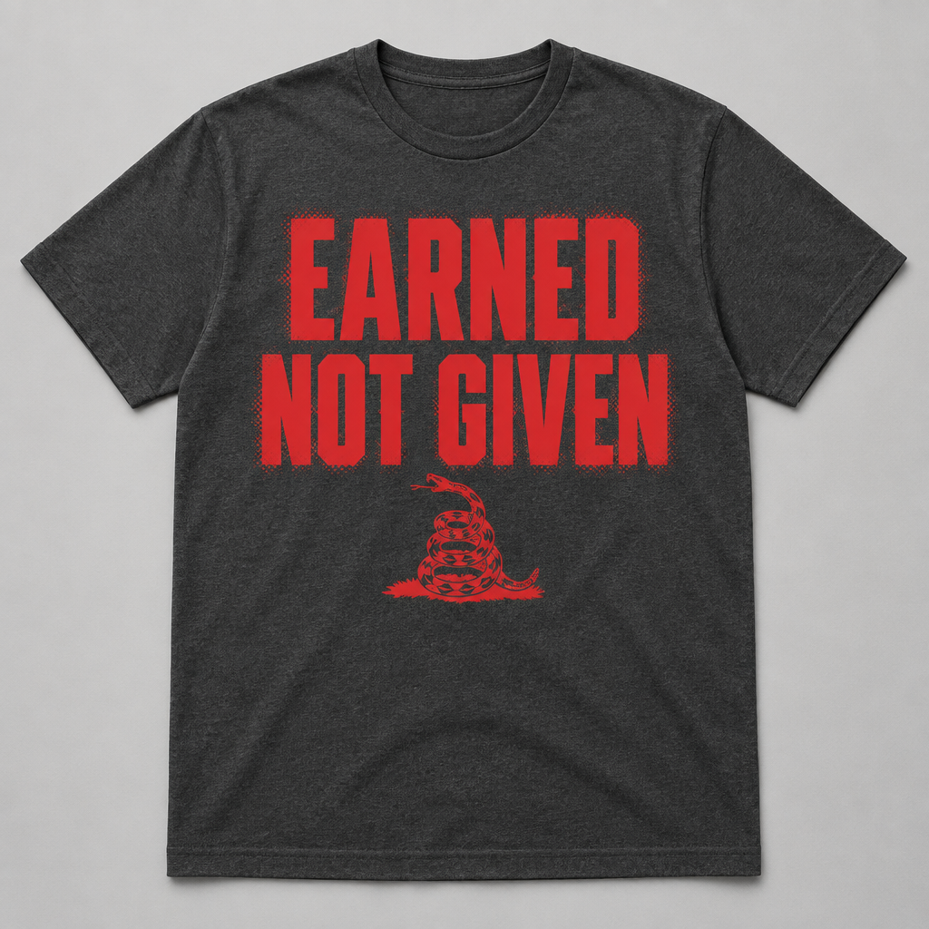 Earned Not Given veteran t-shirt, charcoal gray, front print