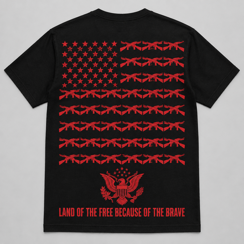 Land Of The Free Because Of The Brave veteran t-shirt, black, back print