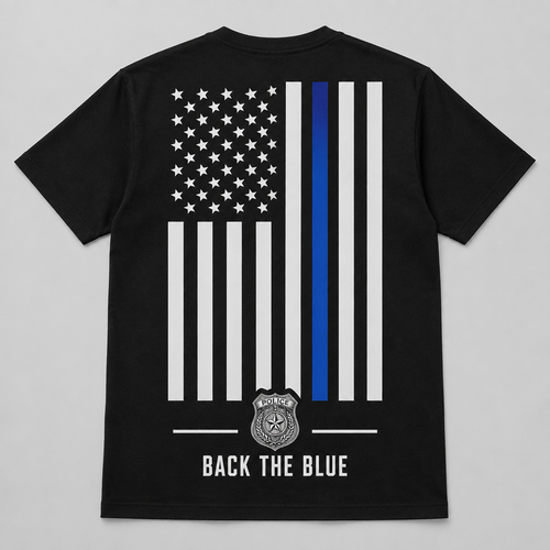 Back The Blue Flag Tee - black t-shirt with American flag and blue line back print