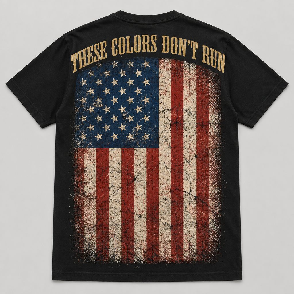 These Colors Don't Run - black t-shirt with distressed American flag back print