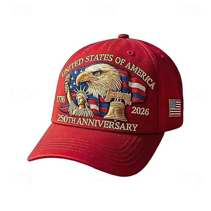 USA 250th Anniversary Patriotic Hat - Bald Eagle, Liberty Bell & Statue Embroidered Cap