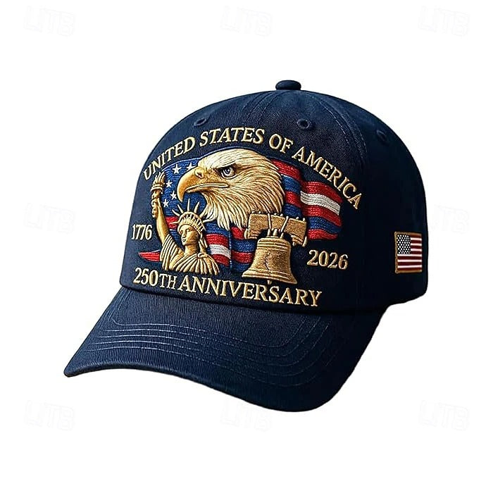 USA 250th Anniversary Patriotic Hat - Bald Eagle, Liberty Bell & Statue Embroidered Cap