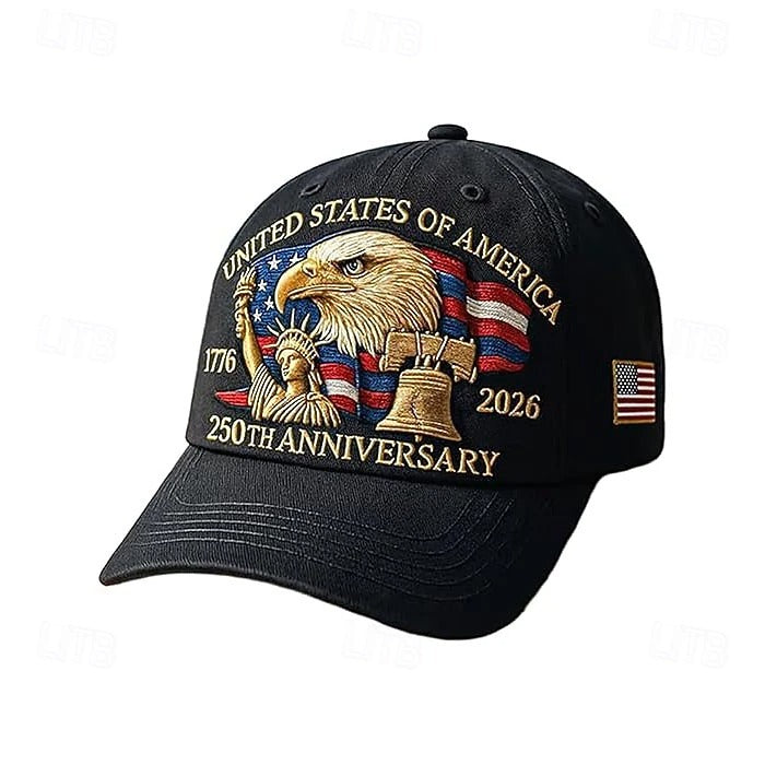 USA 250th Anniversary Patriotic Hat - Bald Eagle, Liberty Bell & Statue Embroidered Cap