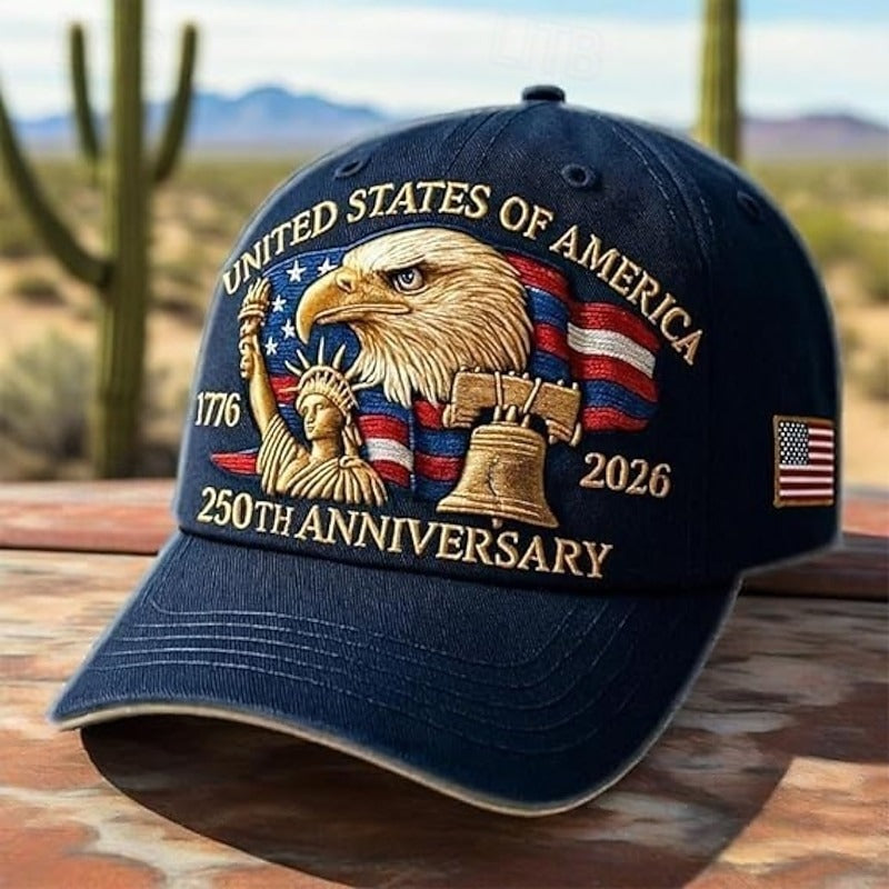 USA 250th Anniversary Patriotic Hat - Bald Eagle, Liberty Bell & Statue Embroidered Cap
