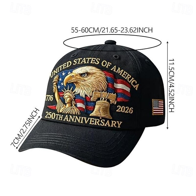 USA 250th Anniversary Patriotic Hat - Bald Eagle, Liberty Bell & Statue Embroidered Cap