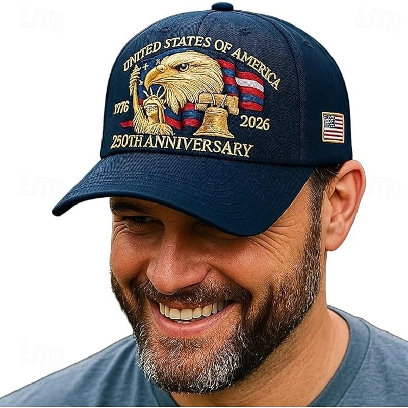 USA 250th Anniversary Patriotic Hat - Bald Eagle, Liberty Bell & Statue Embroidered Cap