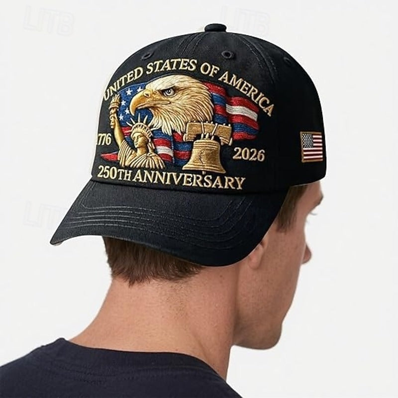 USA 250th Anniversary Patriotic Hat - Bald Eagle, Liberty Bell & Statue Embroidered Cap