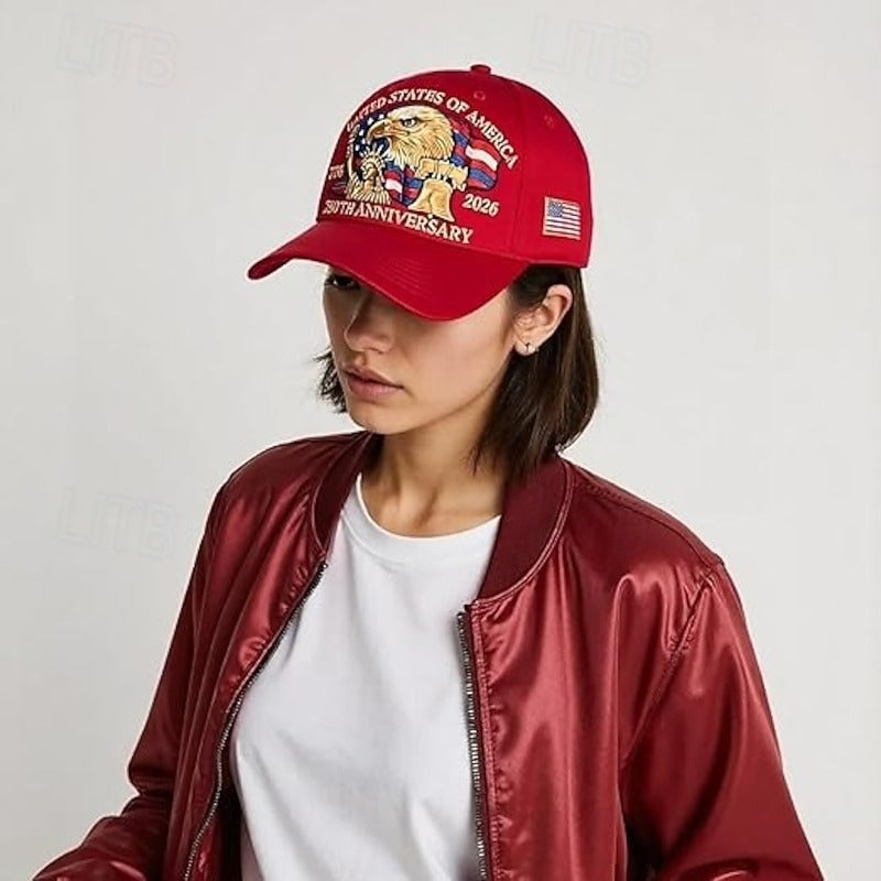 USA 250th Anniversary Patriotic Hat - Bald Eagle, Liberty Bell & Statue Embroidered Cap