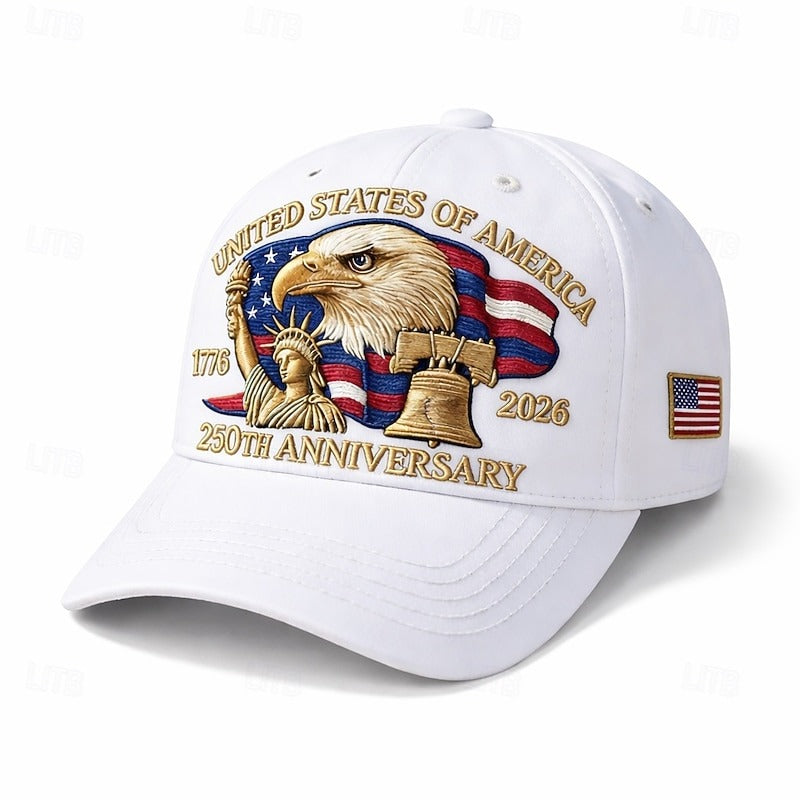 USA 250th Anniversary Patriotic Hat - Bald Eagle, Liberty Bell & Statue Embroidered Cap