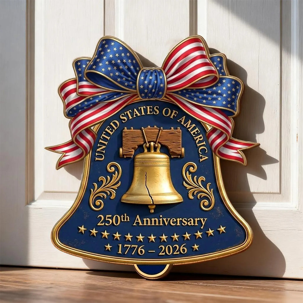 USA 250th Anniversary Wooden Liberty Bell Sign: 1776-2026 Decor, Patriotic Door Hanger