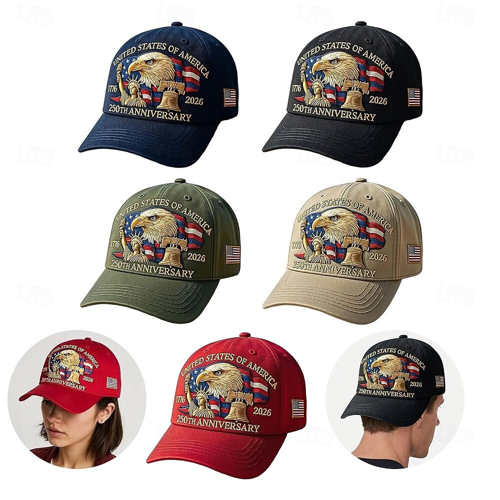 USA 250th Anniversary Patriotic Hat - Bald Eagle, Liberty Bell & Statue Embroidered Cap