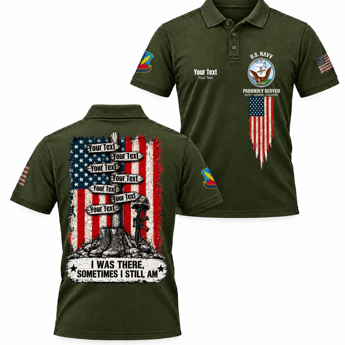 Custom Veteran Polo T-Shirt, Personalized Name, Rank, Branch & Duty Stations