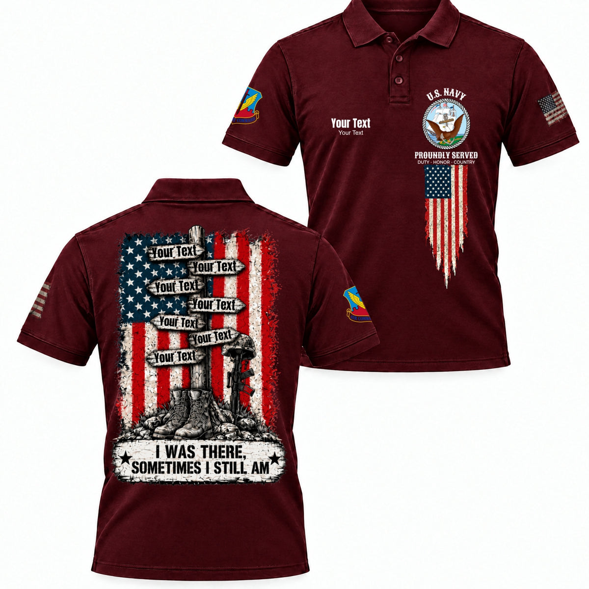 Custom Veteran Polo T-Shirt, Personalized Name, Rank, Branch & Duty Stations