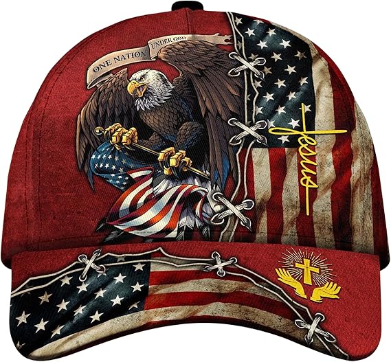 Cap with American flag, eagle, and 'Jesus' text on a white background